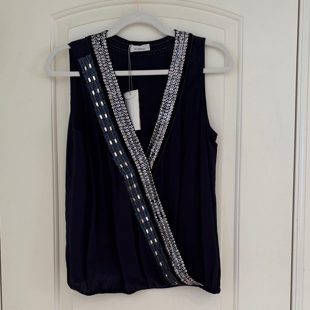 Pinko Navy Sleeveless Blouse with Silver Accents 8